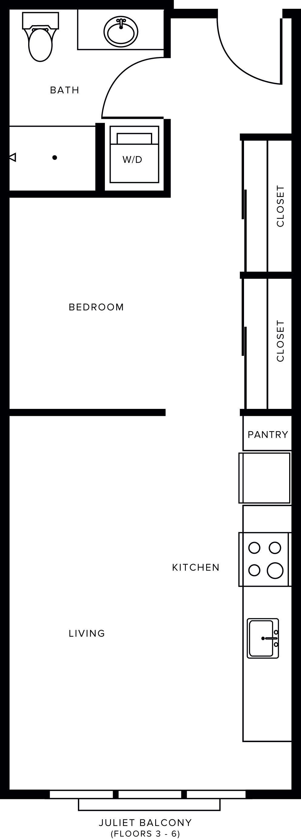 Floor plan for 1 bed, 1 bath, 521 sqft
